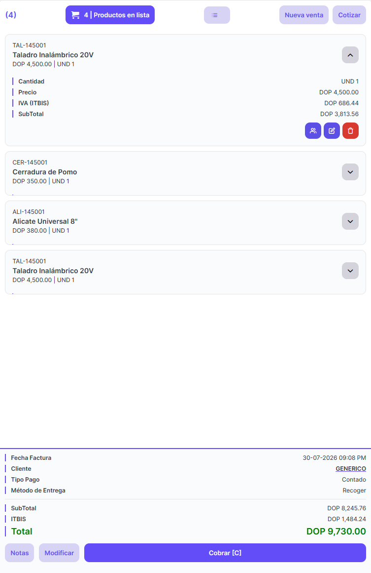 Lista de la venta con sus totales