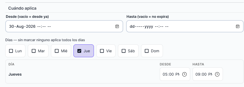 Días y horarios de la promoción