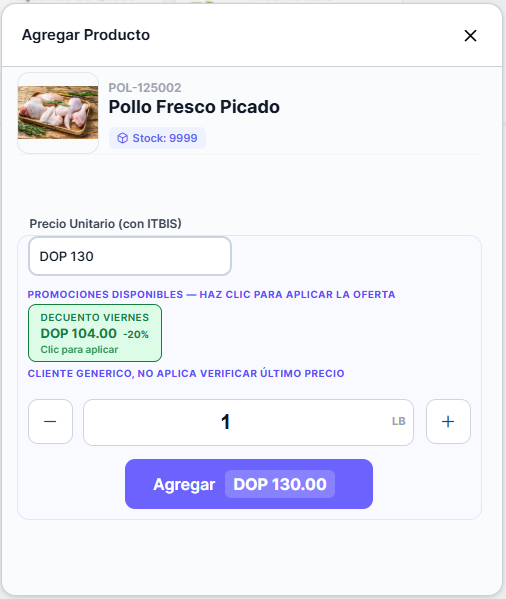 Promociones disponibles al agregar un producto