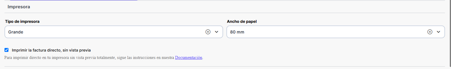 Sección Impresora en Configuraciones