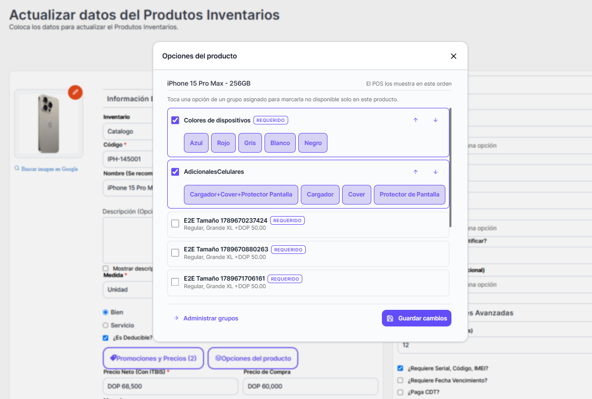 Selector de productos del grupo