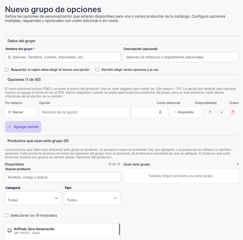 Formulario de un grupo de opciones