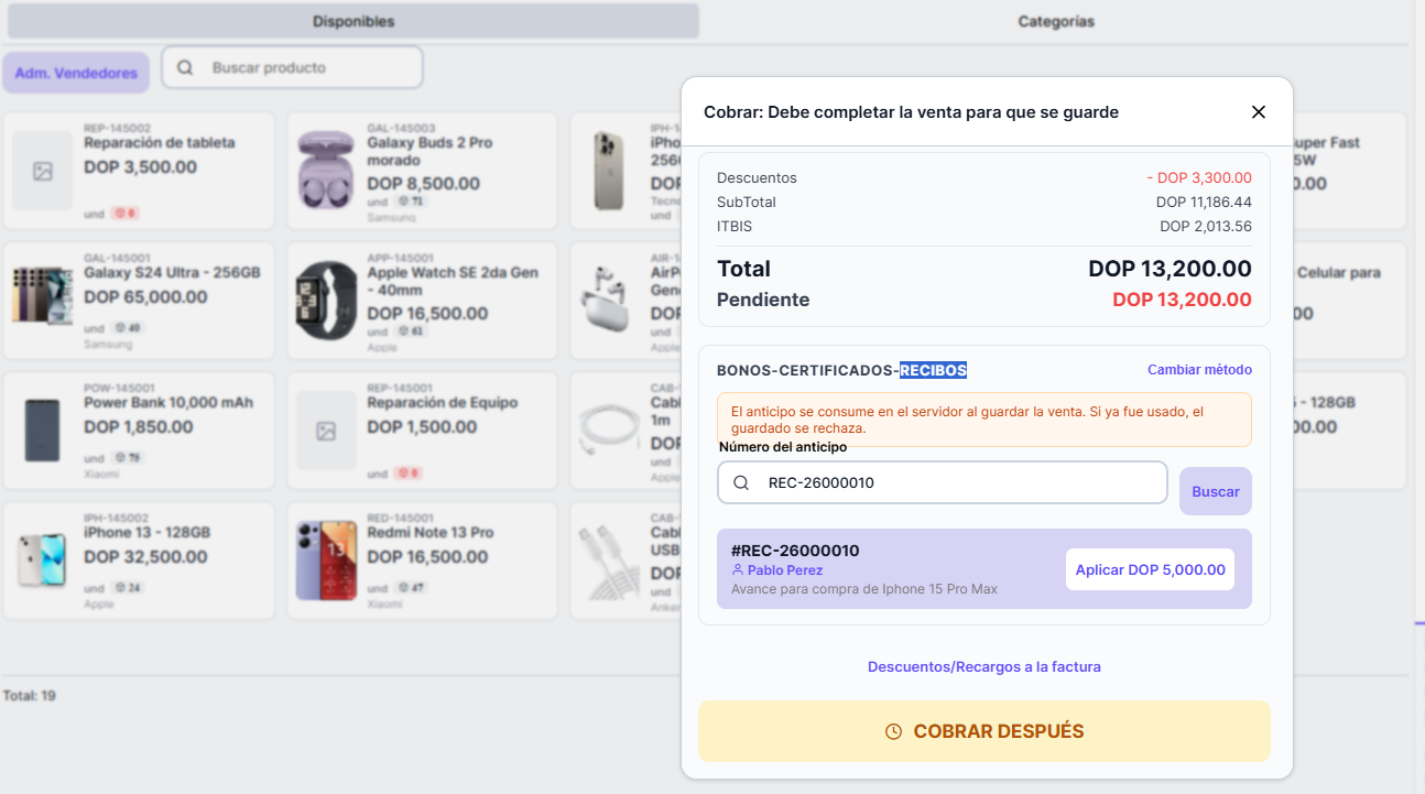 Cobro de una venta con el número del anticipo