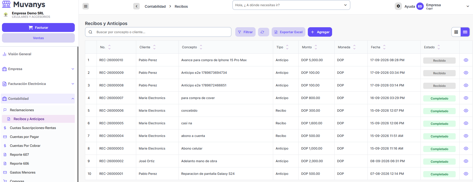 Listado de recibos y anticipos con sus filtros